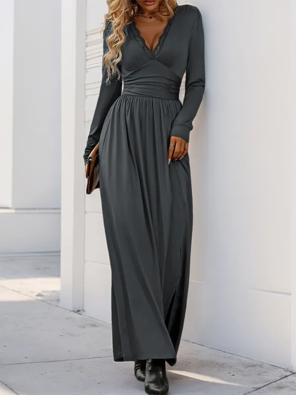 Lace Trim V-Neck Maxi Dress with Long Sleeves
