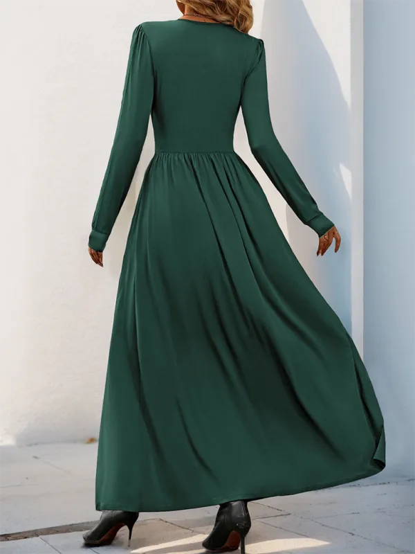 Lace Trim V-Neck Maxi Dress with Long Sleeves