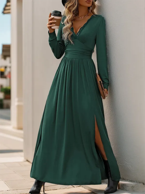 Lace Trim V-Neck Maxi Dress with Long Sleeves