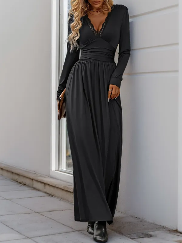 Lace Trim V-Neck Maxi Dress with Long Sleeves