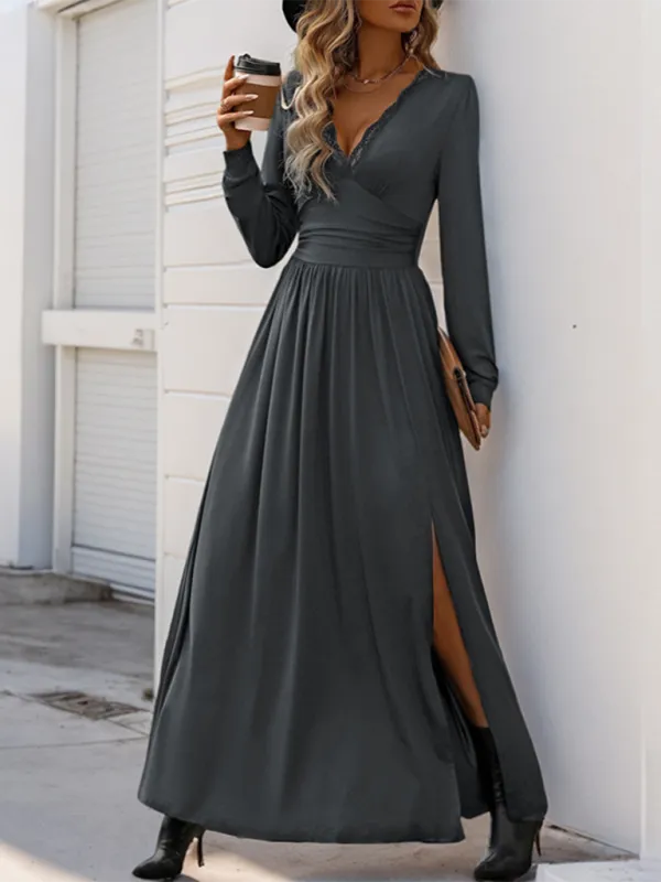 Lace Trim V-Neck Maxi Dress with Long Sleeves