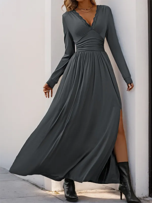 Lace Trim V-Neck Maxi Dress with Long Sleeves