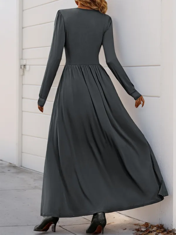 Lace Trim V-Neck Maxi Dress with Long Sleeves