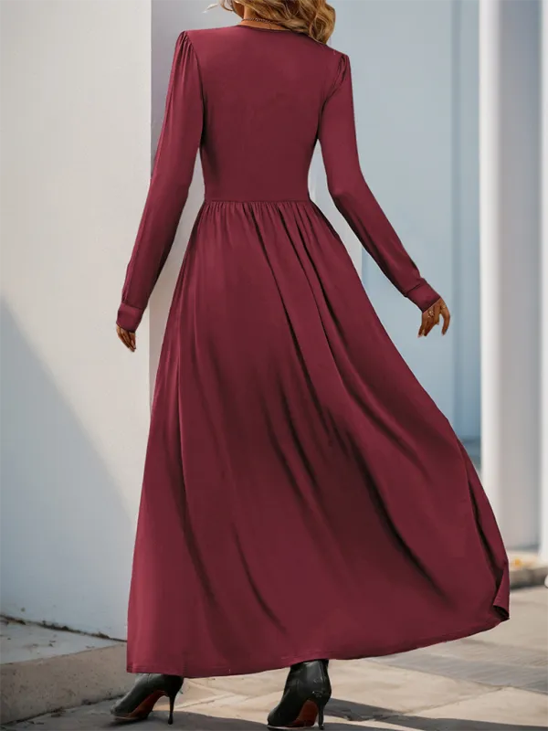 Lace Trim V-Neck Maxi Dress with Long Sleeves