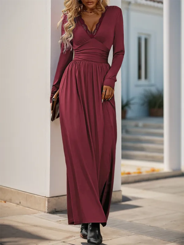 Lace Trim V-Neck Maxi Dress with Long Sleeves
