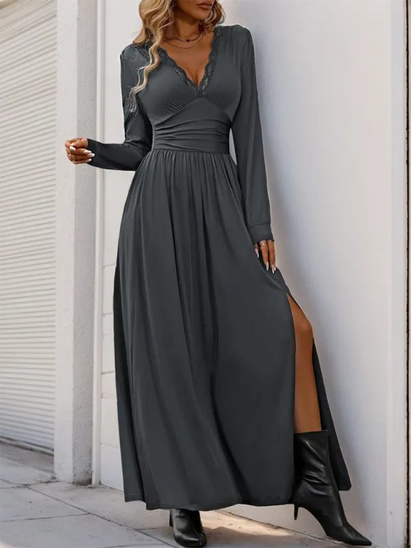 Lace Trim V-Neck Maxi Dress with Long Sleeves
