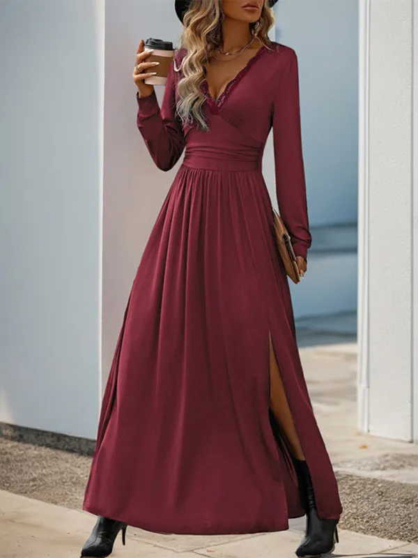 Lace Trim V-Neck Maxi Dress with Long Sleeves