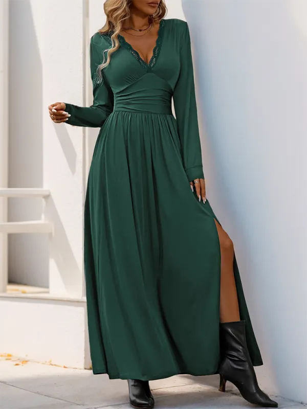 Lace Trim V-Neck Maxi Dress with Long Sleeves