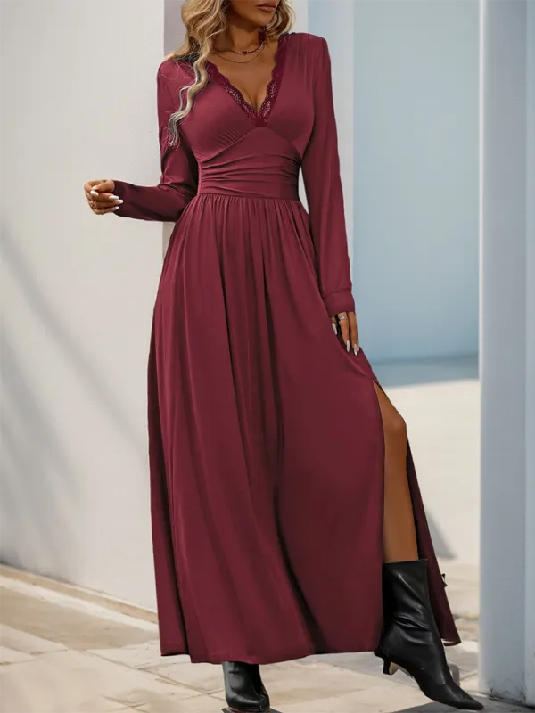 Lace Trim V-Neck Maxi Dress with Long Sleeves