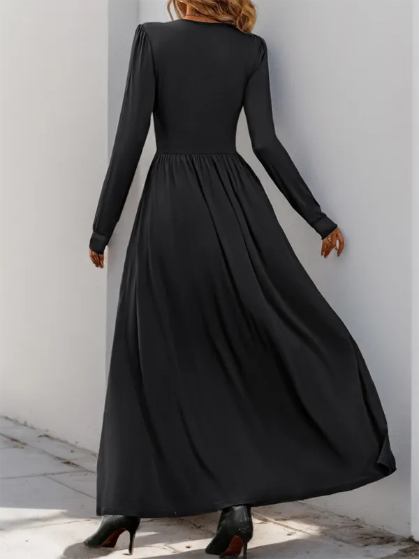Lace Trim V-Neck Maxi Dress with Long Sleeves