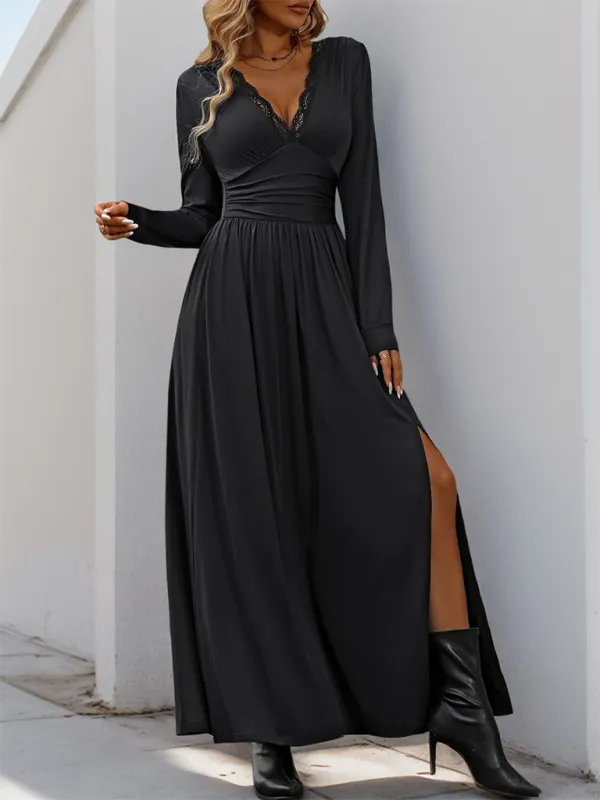 Lace Trim V-Neck Maxi Dress with Long Sleeves