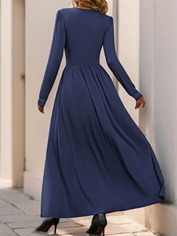 Lace Trim V-Neck Maxi Dress with Long Sleeves