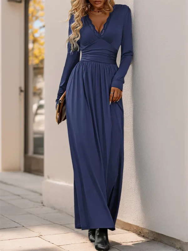 Lace Trim V-Neck Maxi Dress with Long Sleeves