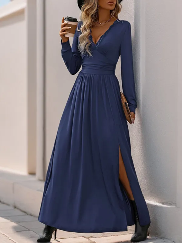 Lace Trim V-Neck Maxi Dress with Long Sleeves