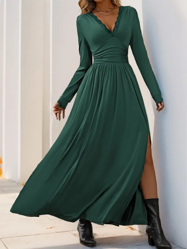 Lace Trim V-Neck Maxi Dress with Long Sleeves