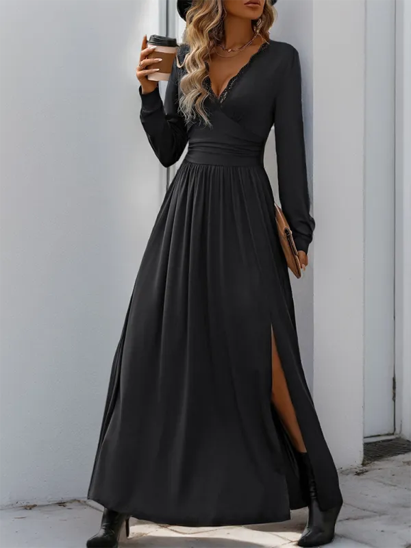 Lace Trim V-Neck Maxi Dress with Long Sleeves