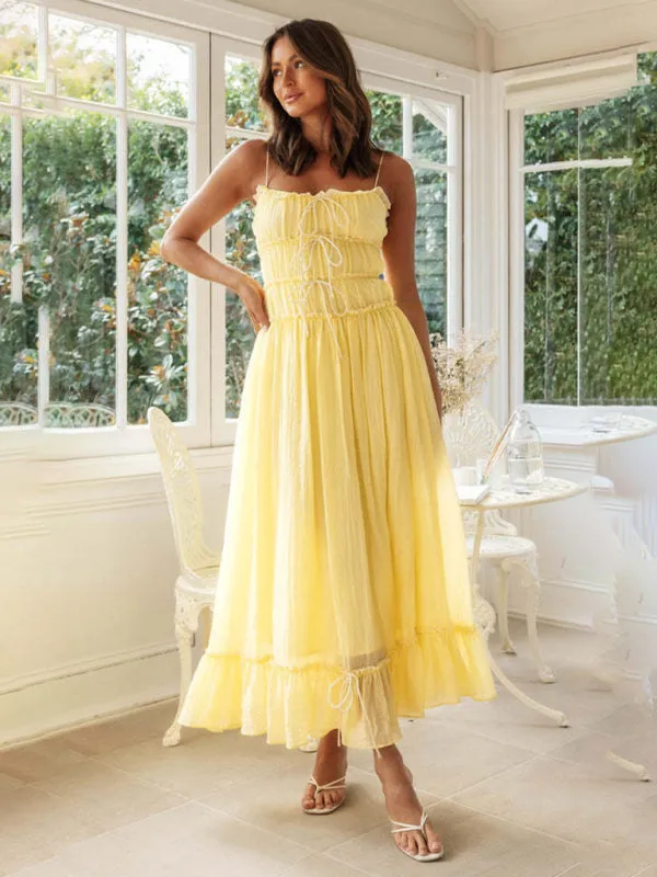 Lace-Up Maxi Dress with Ruffled Bodice and Lace Trim