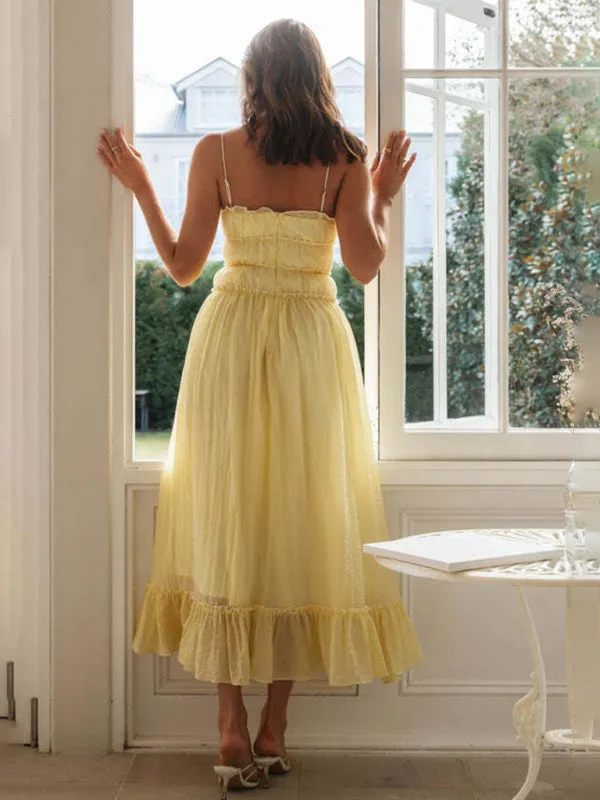 Lace-Up Maxi Dress with Ruffled Bodice and Lace Trim