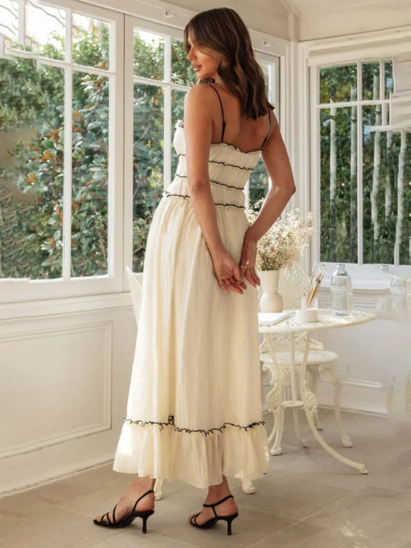 Lace-Up Maxi Dress with Ruffled Bodice and Lace Trim