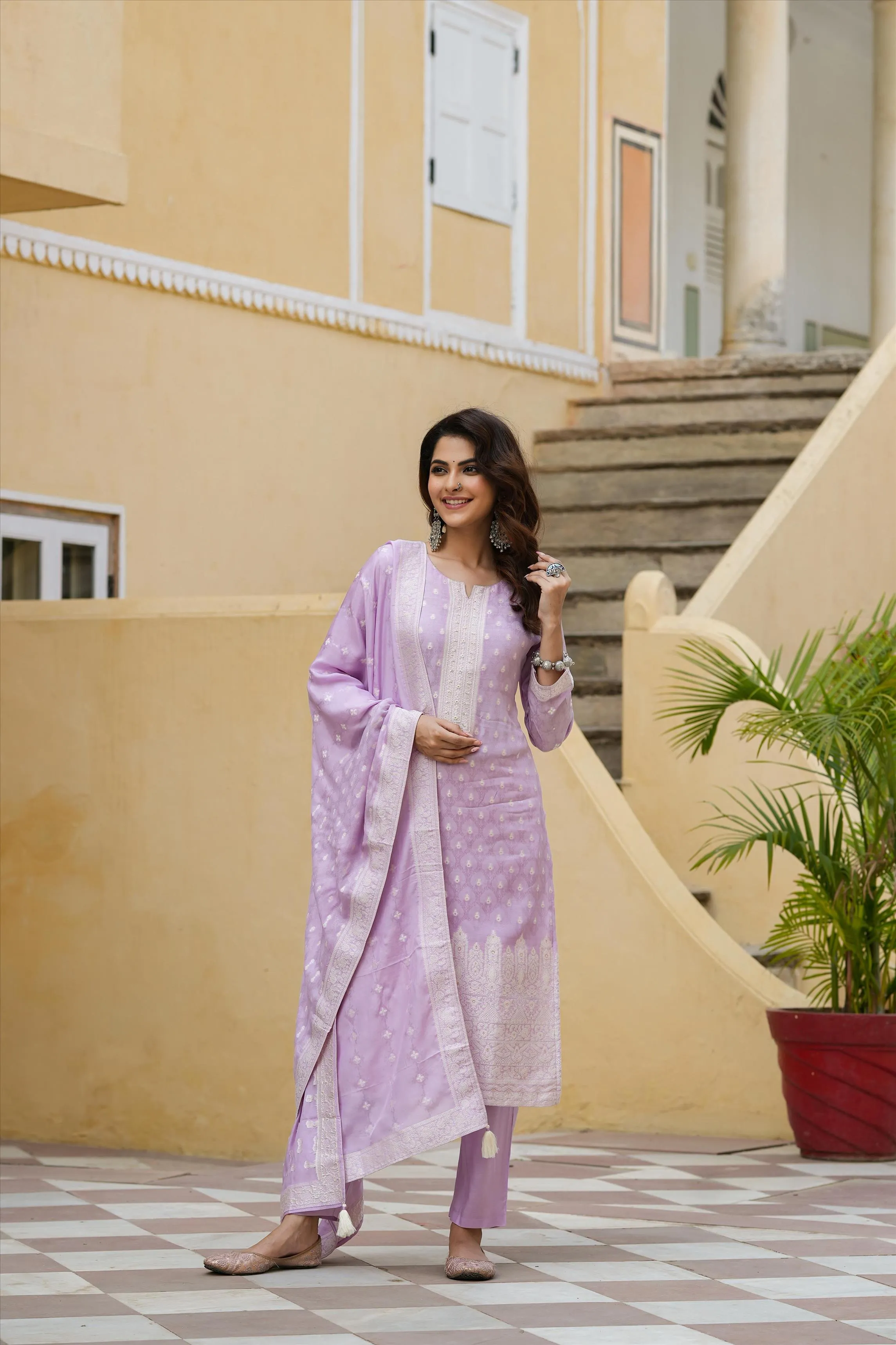 Lavender Muslin Silk Jacquard Suit Set