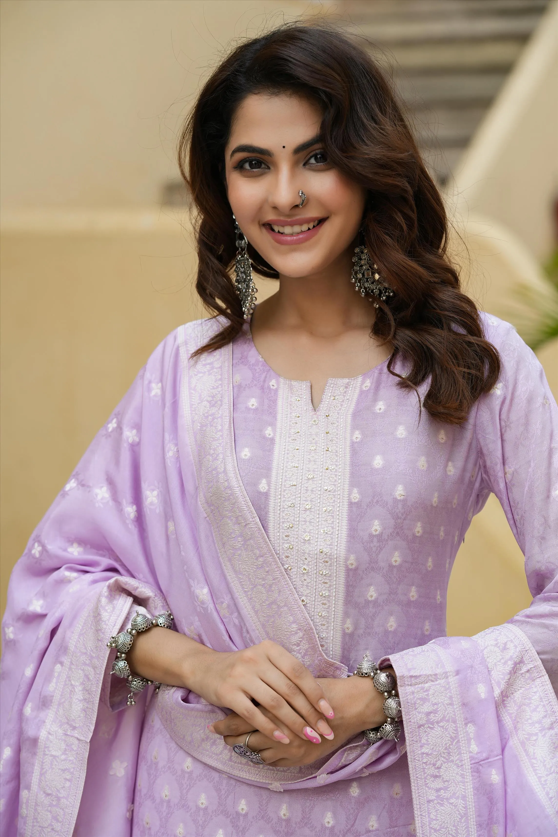 Lavender Muslin Silk Jacquard Suit Set