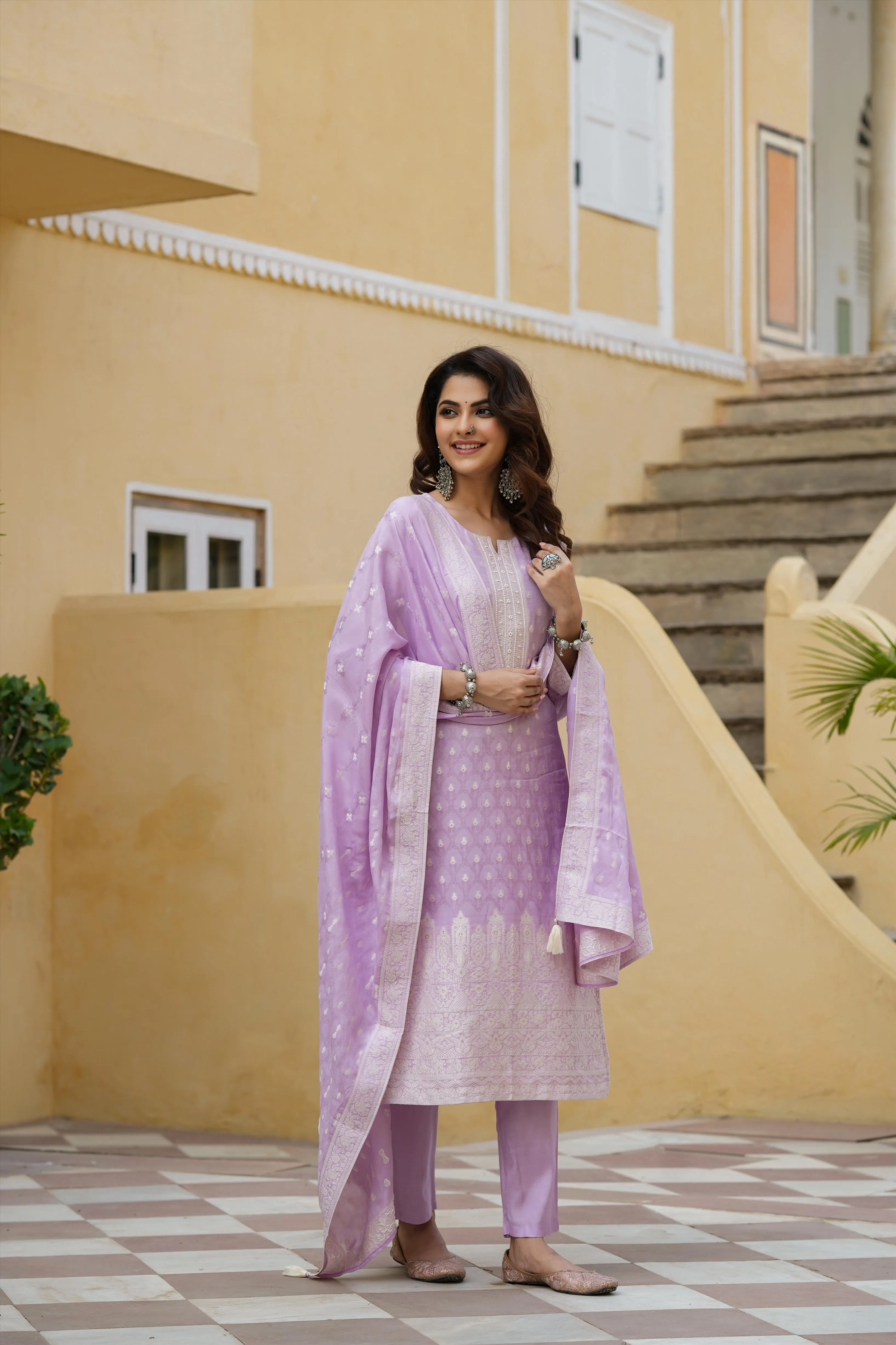 Lavender Muslin Silk Jacquard Suit Set