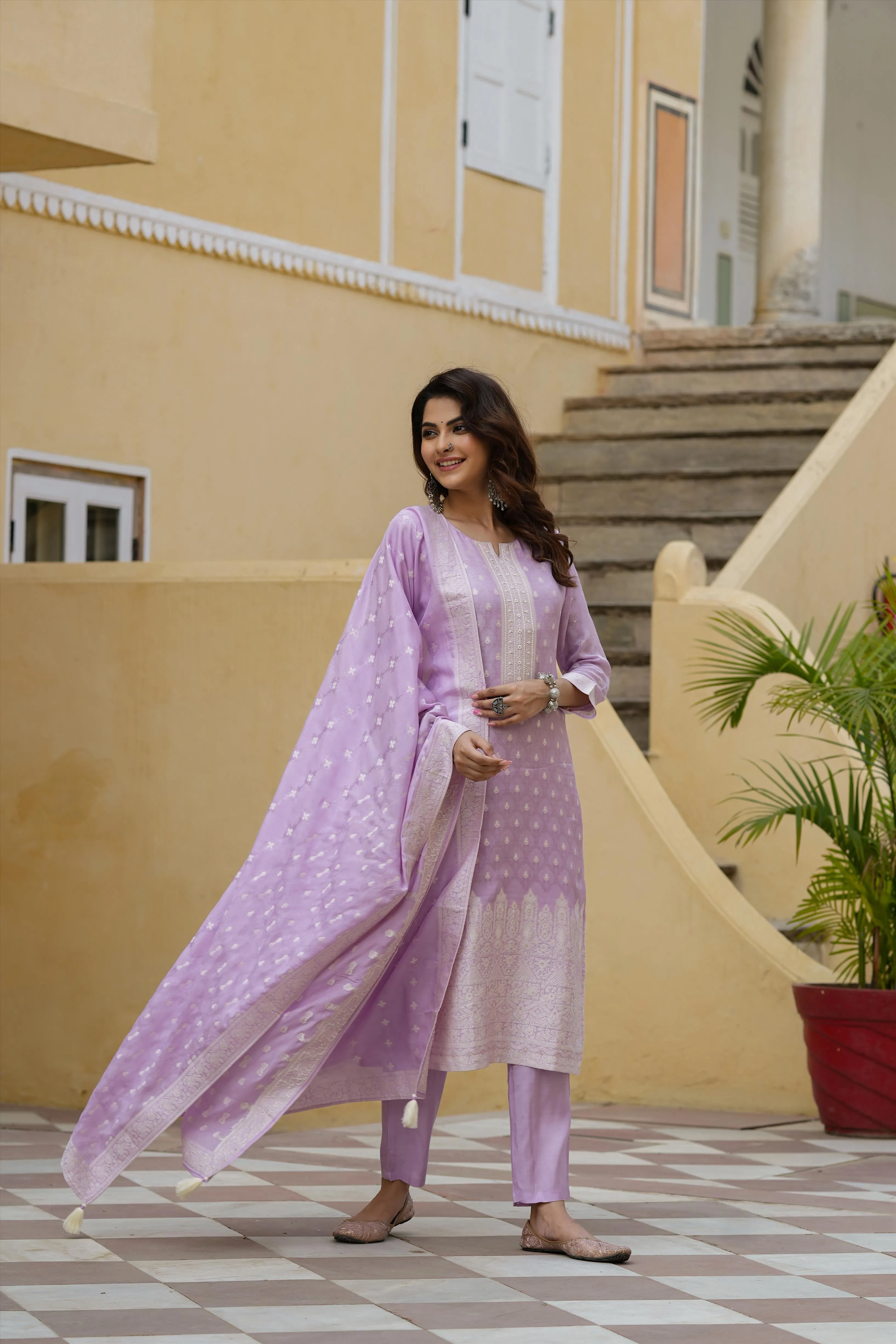 Lavender Muslin Silk Jacquard Suit Set