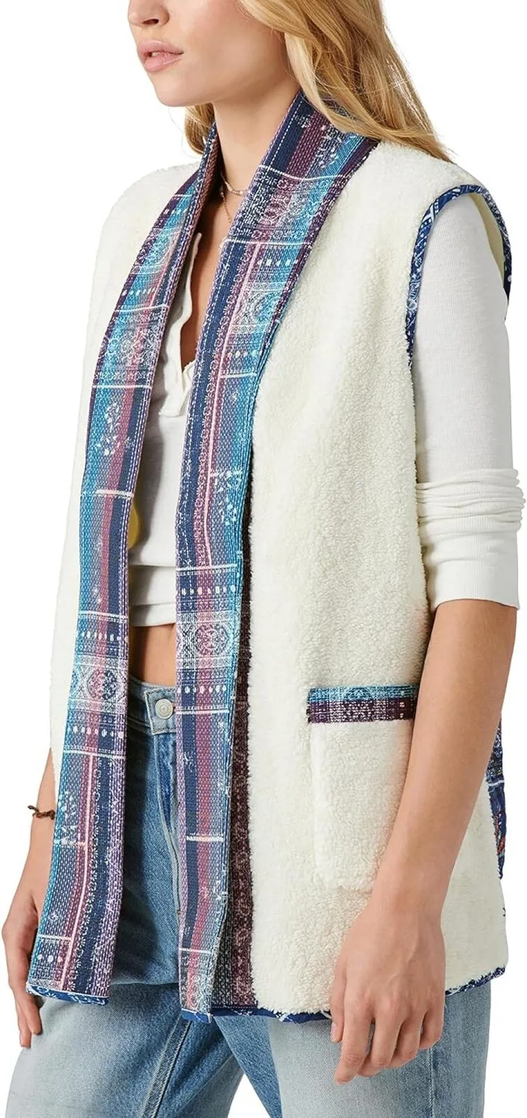 Lucky Brand Womens Oversized Quilted Vest Antique White Multi S