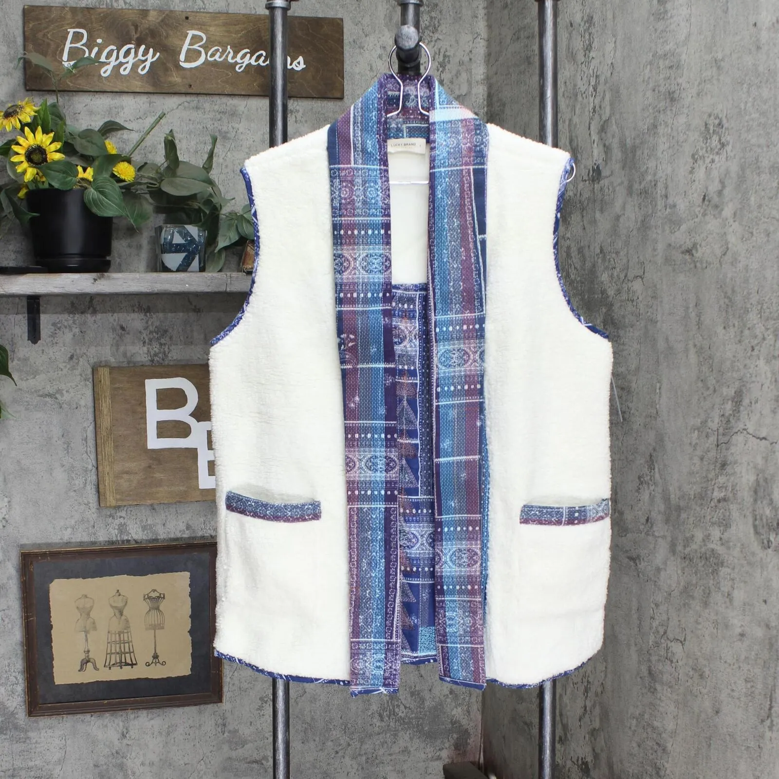 Lucky Brand Womens Oversized Quilted Vest Antique White Multi S