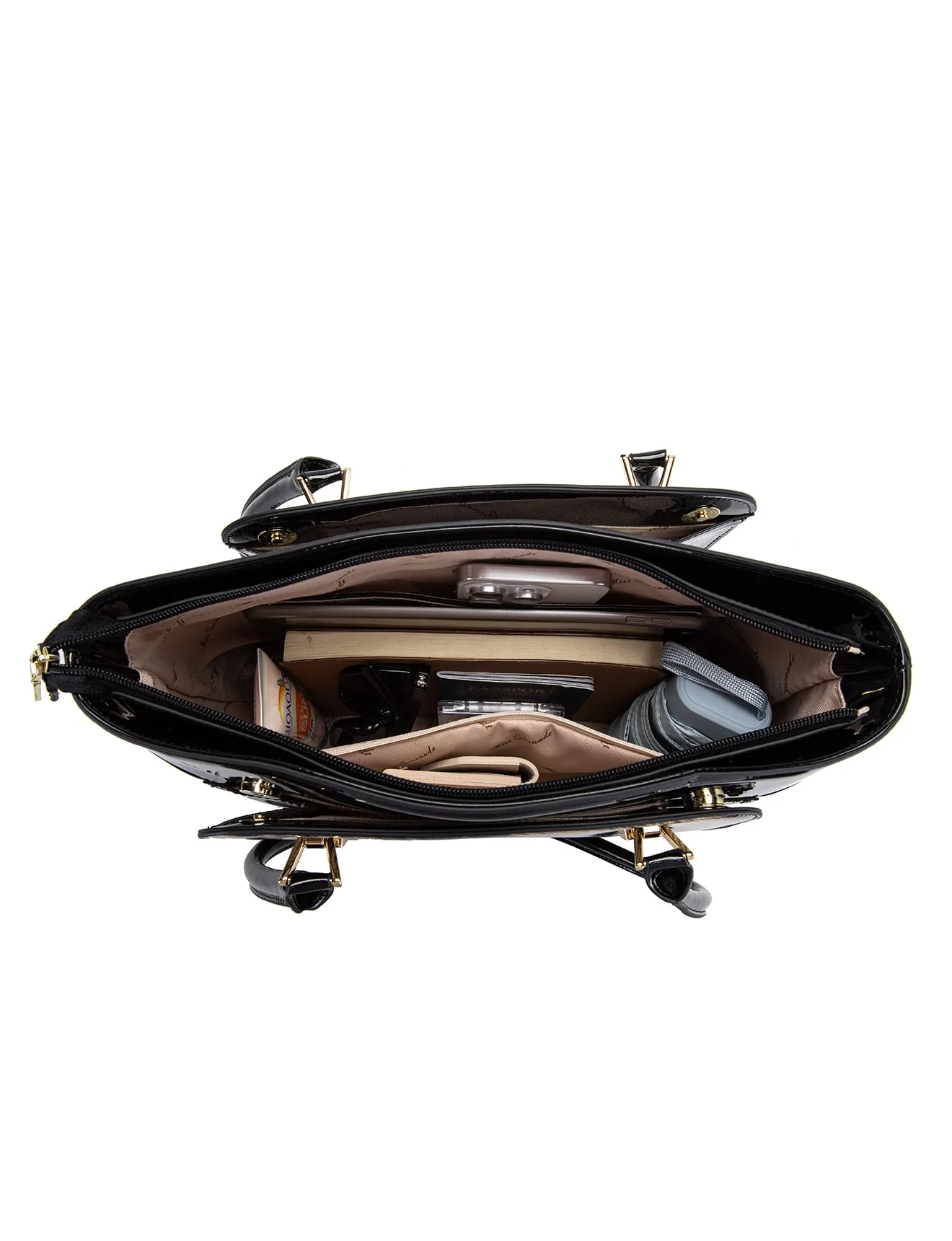 LYRA VEGAN PATENT BAG- XB-2413-GLD/BLK-SALE