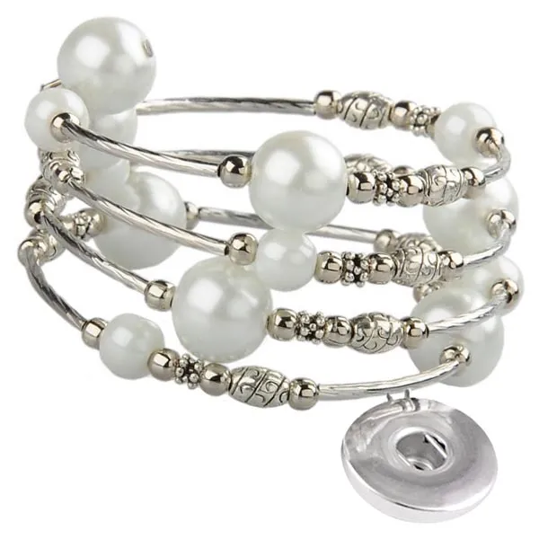Memory wire bracelet large PEARLs 18mm SNAP button base dangle bracelet