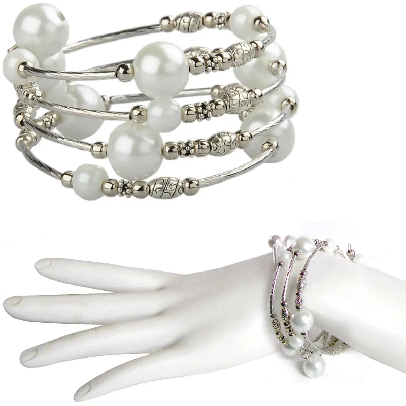 Memory wire bracelet large PEARLs 18mm SNAP button base dangle bracelet