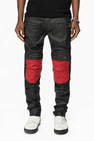 MENS BIKER JEANS IN DY FABRIC IN BLACK WASH WITH RED INSERTS
