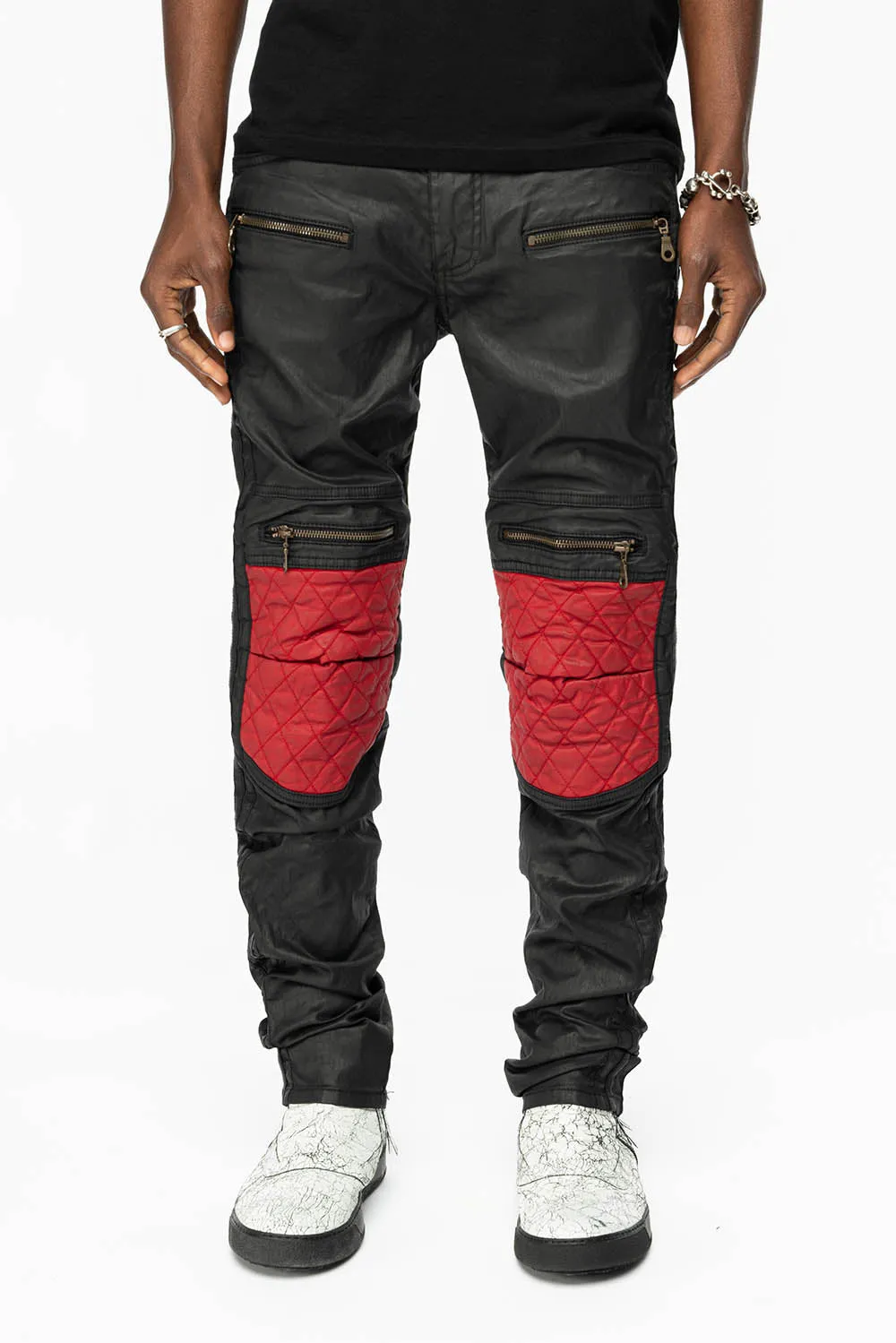 MENS BIKER JEANS IN DY FABRIC IN BLACK WASH WITH RED INSERTS