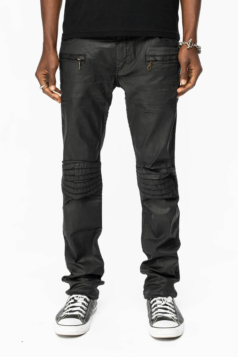 MENS MOTO BIKER JEANS IN BLACK DY FABRIC