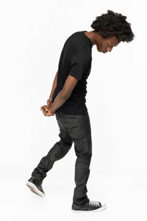 MENS MOTO BIKER JEANS IN BLACK DY FABRIC