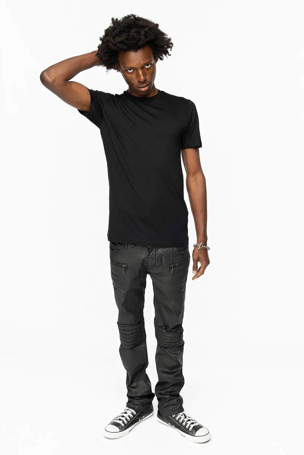 MENS MOTO BIKER JEANS IN BLACK DY FABRIC