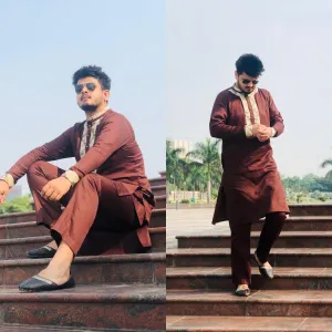 Menswear Brown Hand Embroidered Kurta with Pants