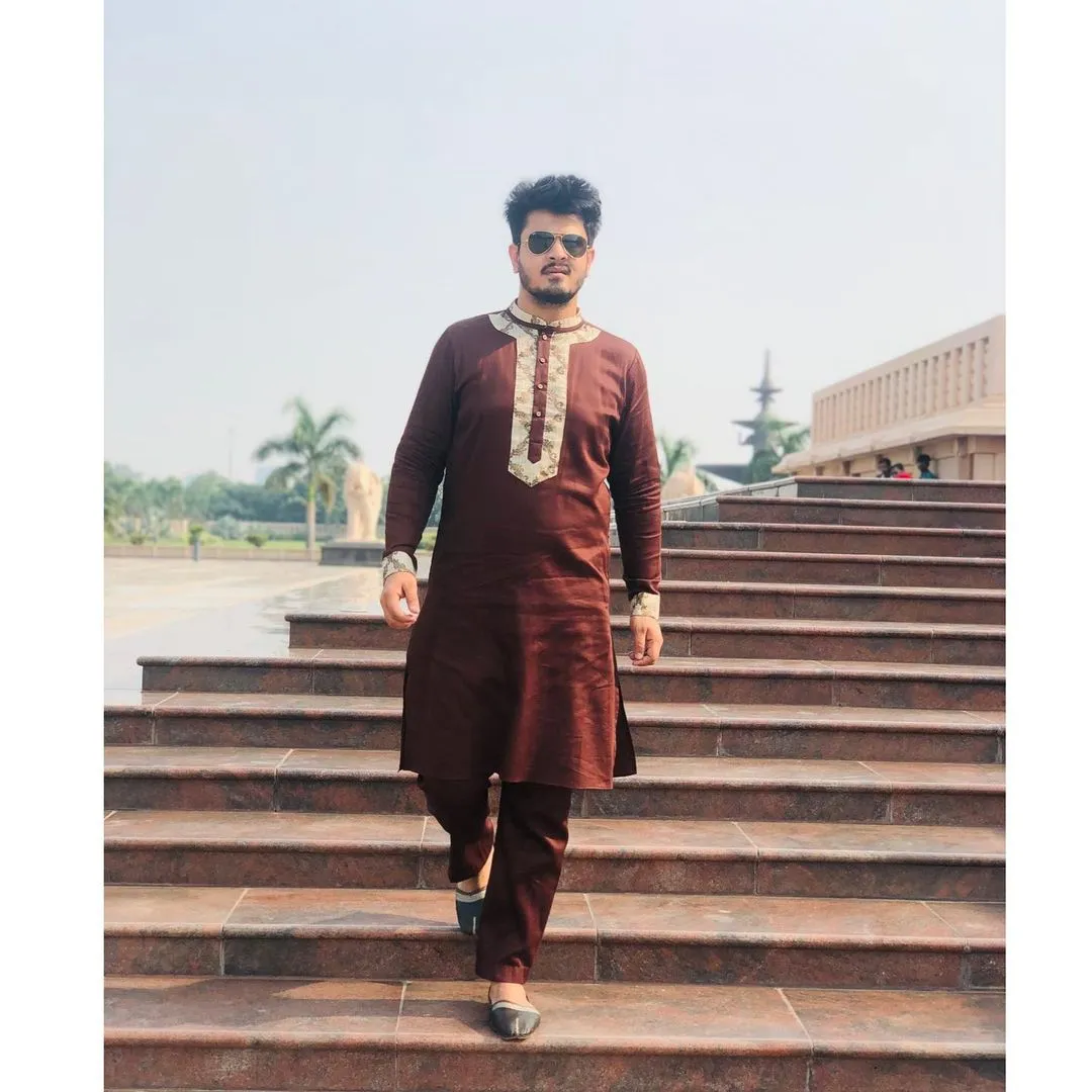 Menswear Brown Hand Embroidered Kurta with Pants