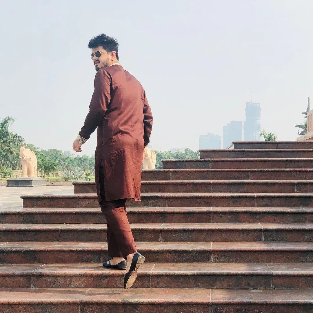 Menswear Brown Hand Embroidered Kurta with Pants
