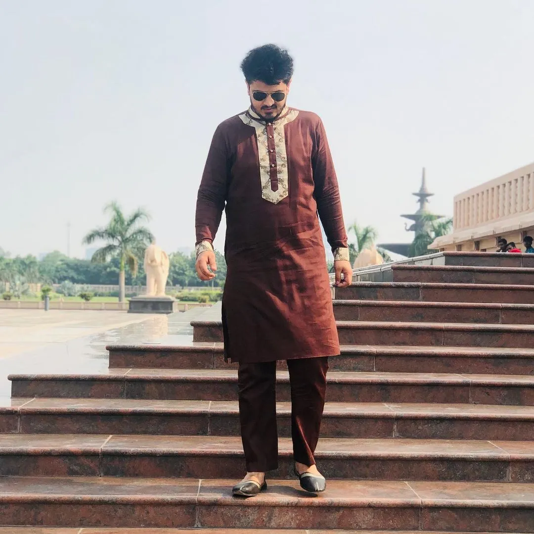 Menswear Brown Hand Embroidered Kurta with Pants