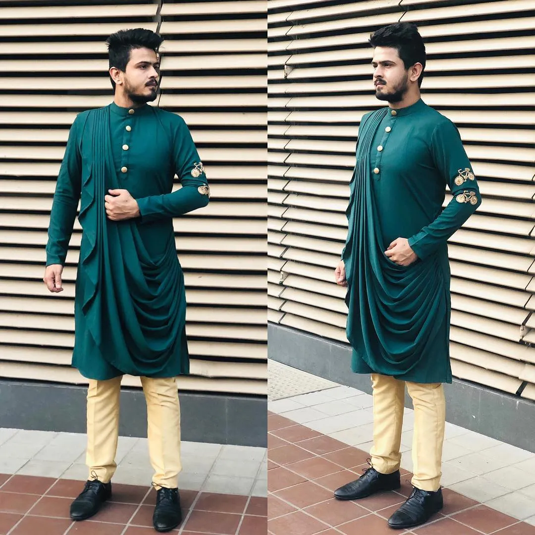 Menswear Embroidered Drape Kurta with Pants