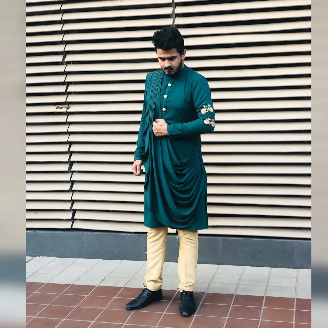 Menswear Embroidered Drape Kurta with Pants