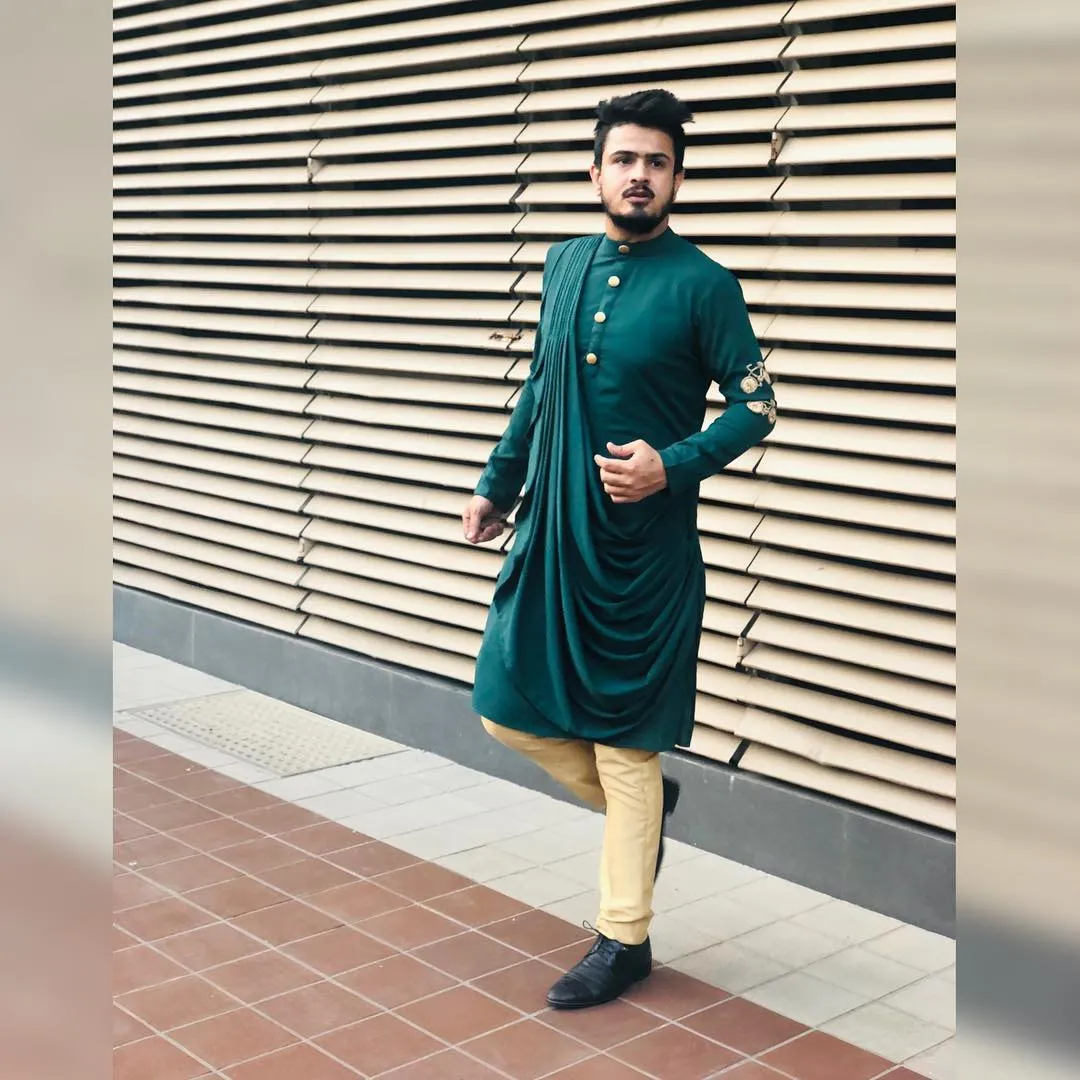 Menswear Embroidered Drape Kurta with Pants