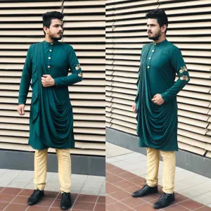Menswear Embroidered Drape Kurta with Pants