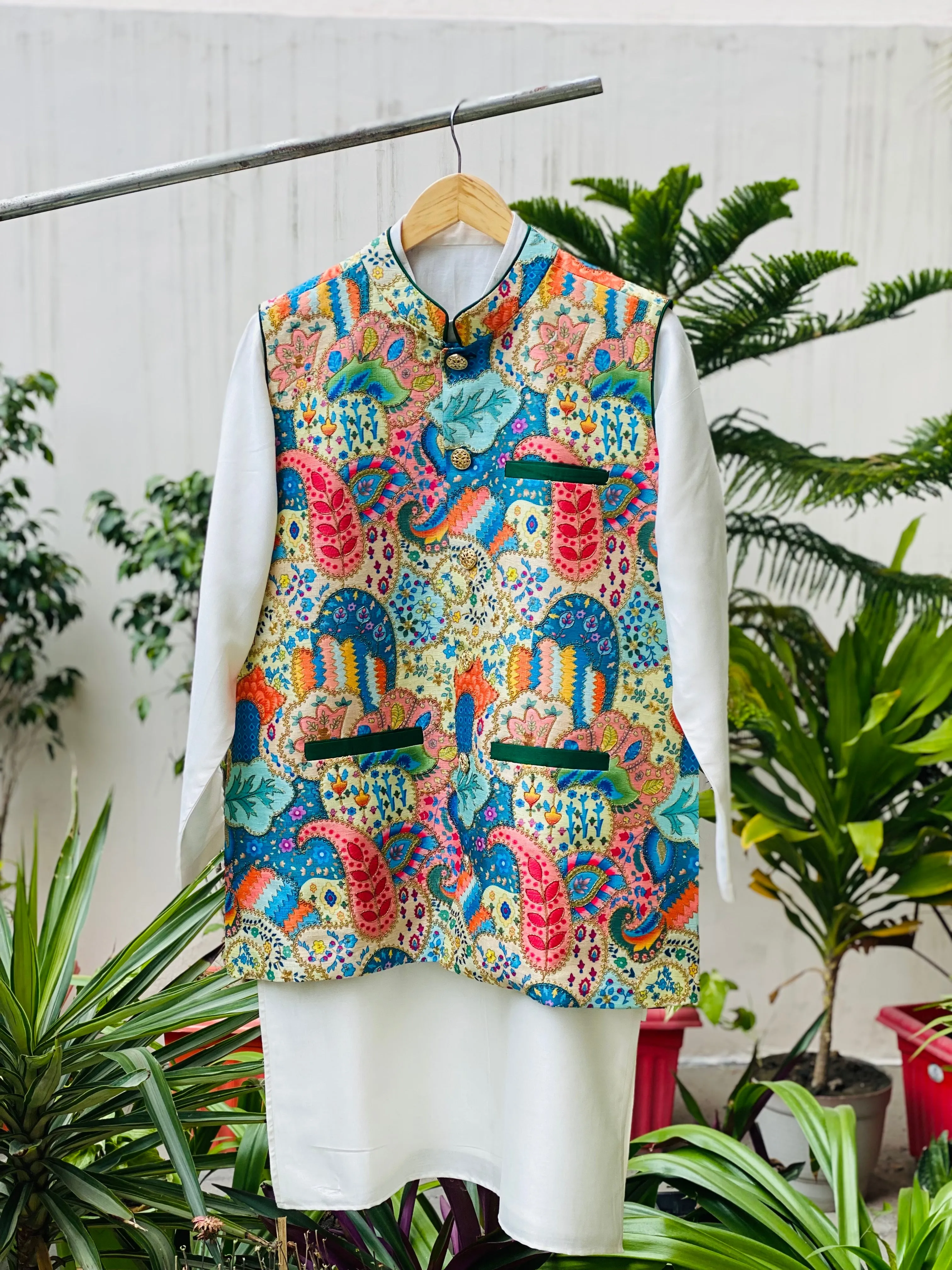 Menswear Multicolored & White Silk Kurta Set