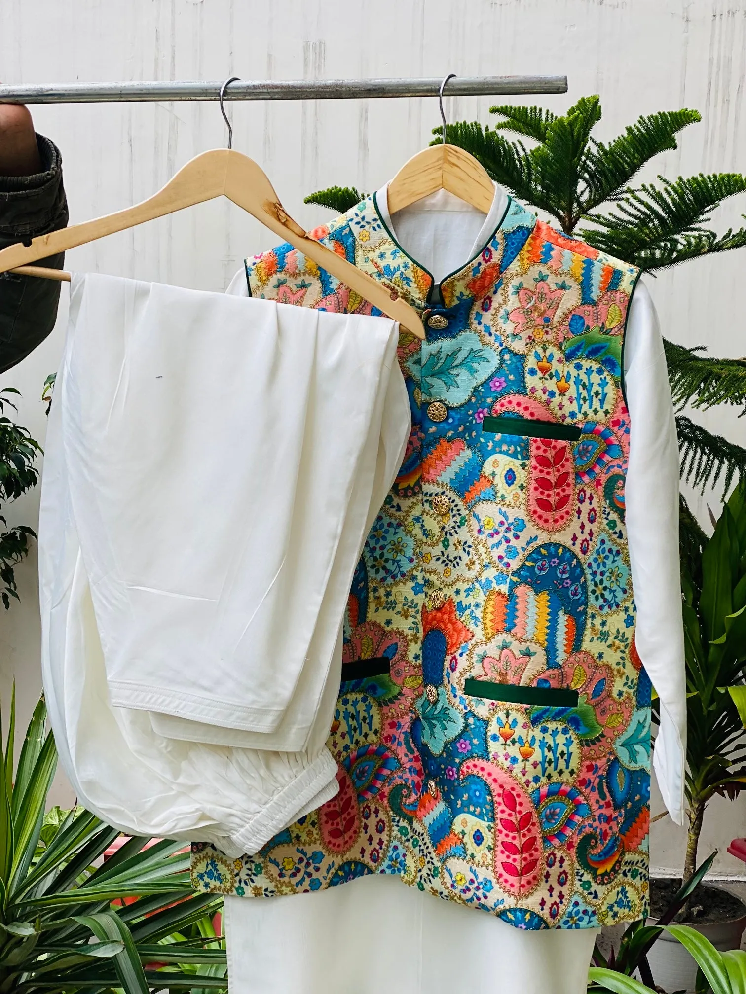 Menswear Multicolored & White Silk Kurta Set