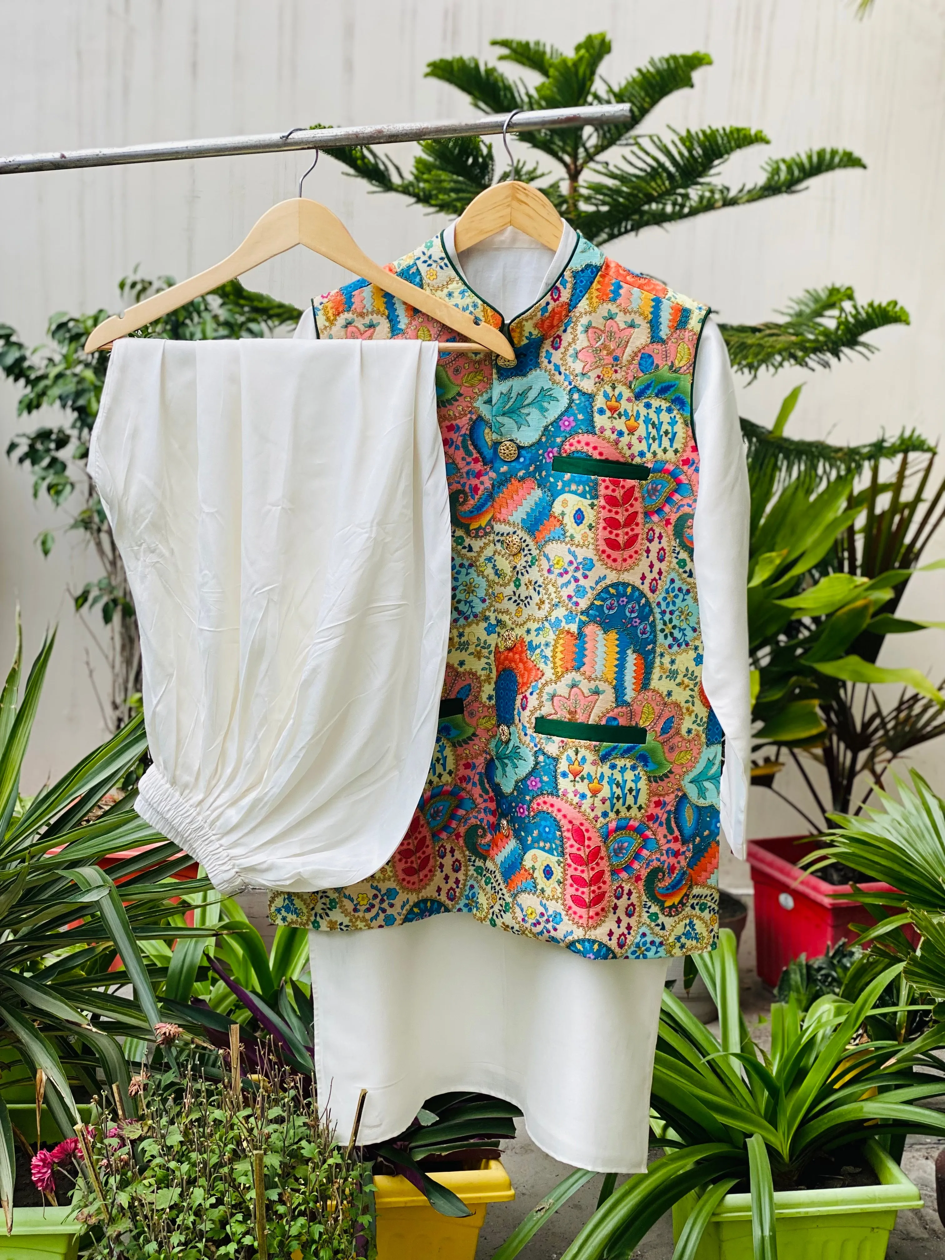 Menswear Multicolored & White Silk Kurta Set