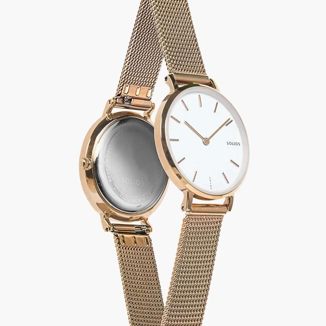 Mini Solar Watch with White & Rose Gold Dial  | Rose Gold Mesh Strap