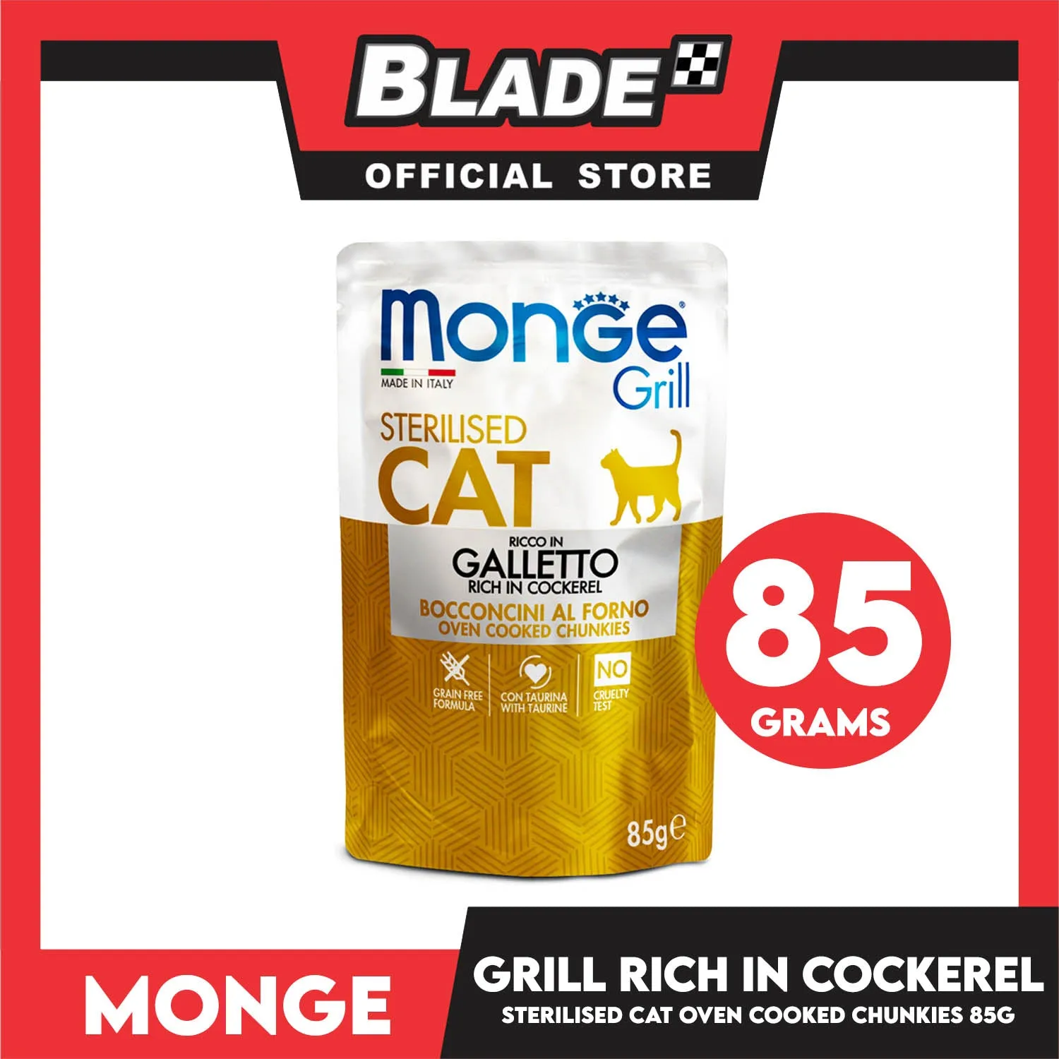 Monge Jelly Cat Pouch Grill For Sterilised Cats 85g (Galleto, Rich In Cockerel) Cat Wet Food, Cat Pouch Food